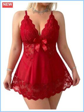 Plus Size Lace Mesh Chemise Babydoll Lingerie Set with G-String Thong